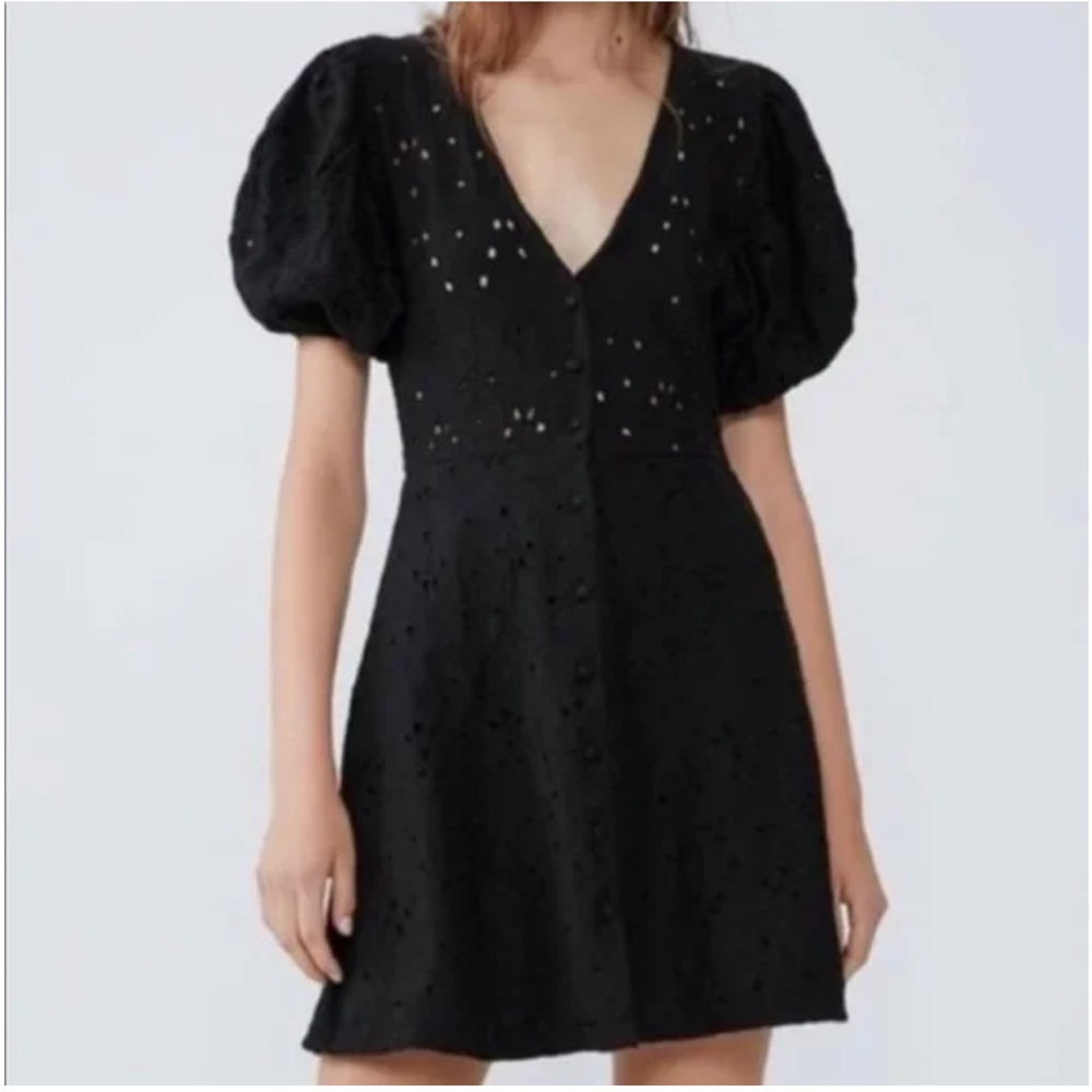 Zara Black Eyelet Lace Button Front V Neck Puff Sleeve Mini Dress